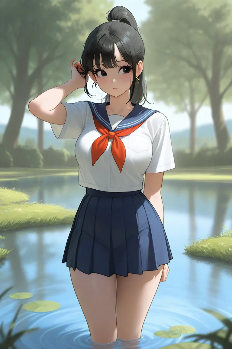 girl note (dragon_ball), black hair, ponytail, thighs, medium breasts, black eyes, she is a charming girl like an angel, a calm atmosphere of the air, school, white school uniform with blue skirt, looking at his own body, playing with his hair, magic pond,...