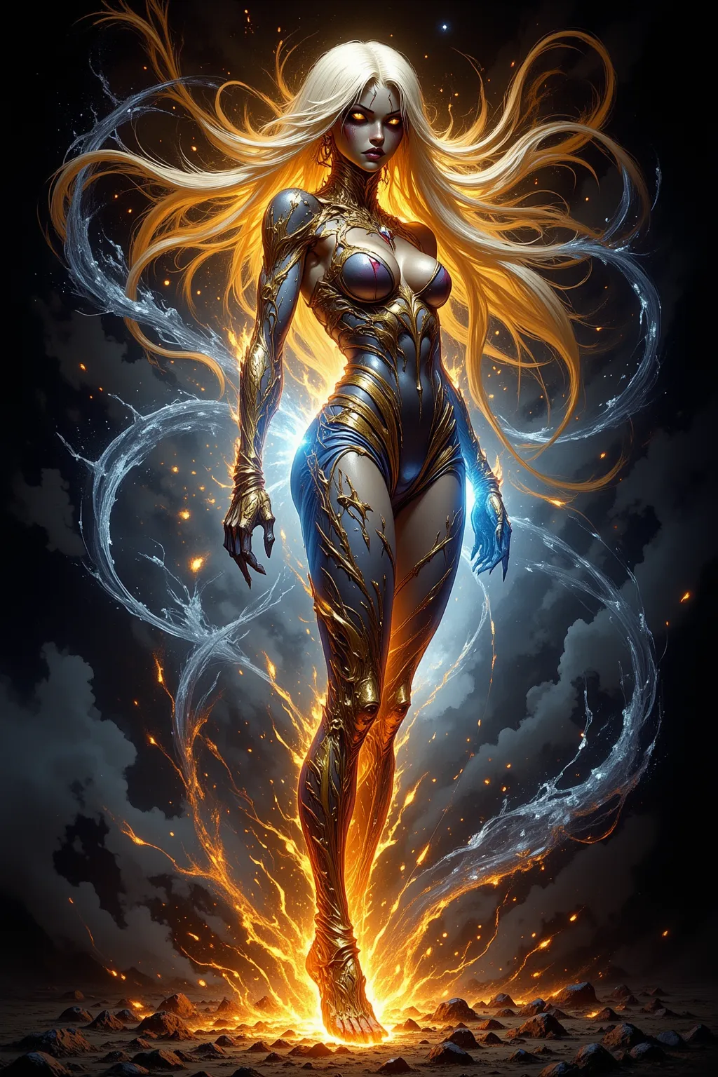 ((full body view)) full body image, radiant woman embodies thermodynamic harmony—half aflame in golden fire, half encased in crystalline ice. Swirling energies dance around her, with parts of her form dissolving into heat waves and frost. The high-contrast...