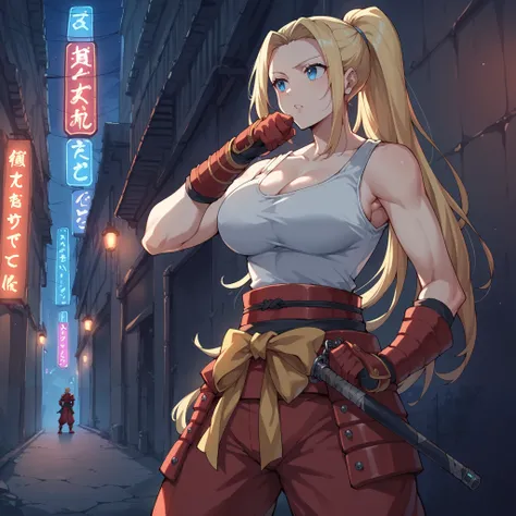 score_9,score_8_up,score_7_up,score_6_up, source_anime, zPDXL, girl,long hair, blonde hair, ponytail, blue eyes, white tank top, red (samurai armor), red gloves, pants, large breasts, (getting undressed), night city, neon lights, dim lighting, dark alley,