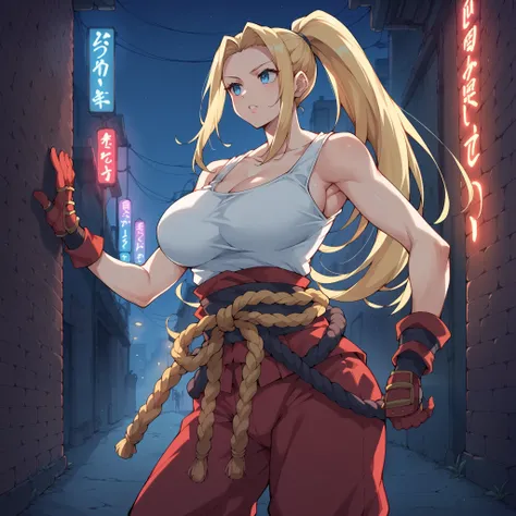 score_9,score_8_up,score_7_up,score_6_up, source_anime, zPDXL, girl,long hair, blonde hair, ponytail, blue eyes, white tank top, red (samurai armor), red gloves, pants, large breasts, (getting undressed), night city, neon lights, dim lighting, dark alley,