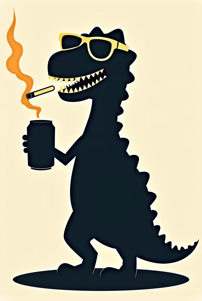 hello, Please help me create a logo of a silhouette of a dinosaur holding a beer with sunglasses and a burning cigarette in its mouth