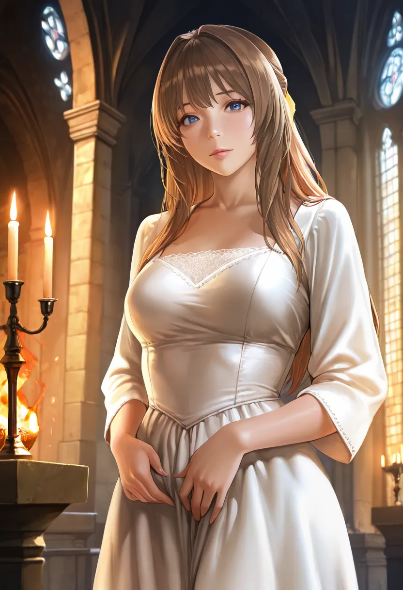 A large lit hall, a medieval cathedral, filled with flickering candlelights, a woman wearing a flowing white dress, stands, silhouetted against the warm glow of a fire, 
BREAK 1girl, c-kouenji, breasts, solo, blue eyes, medium breasts, long hair, brown hai...