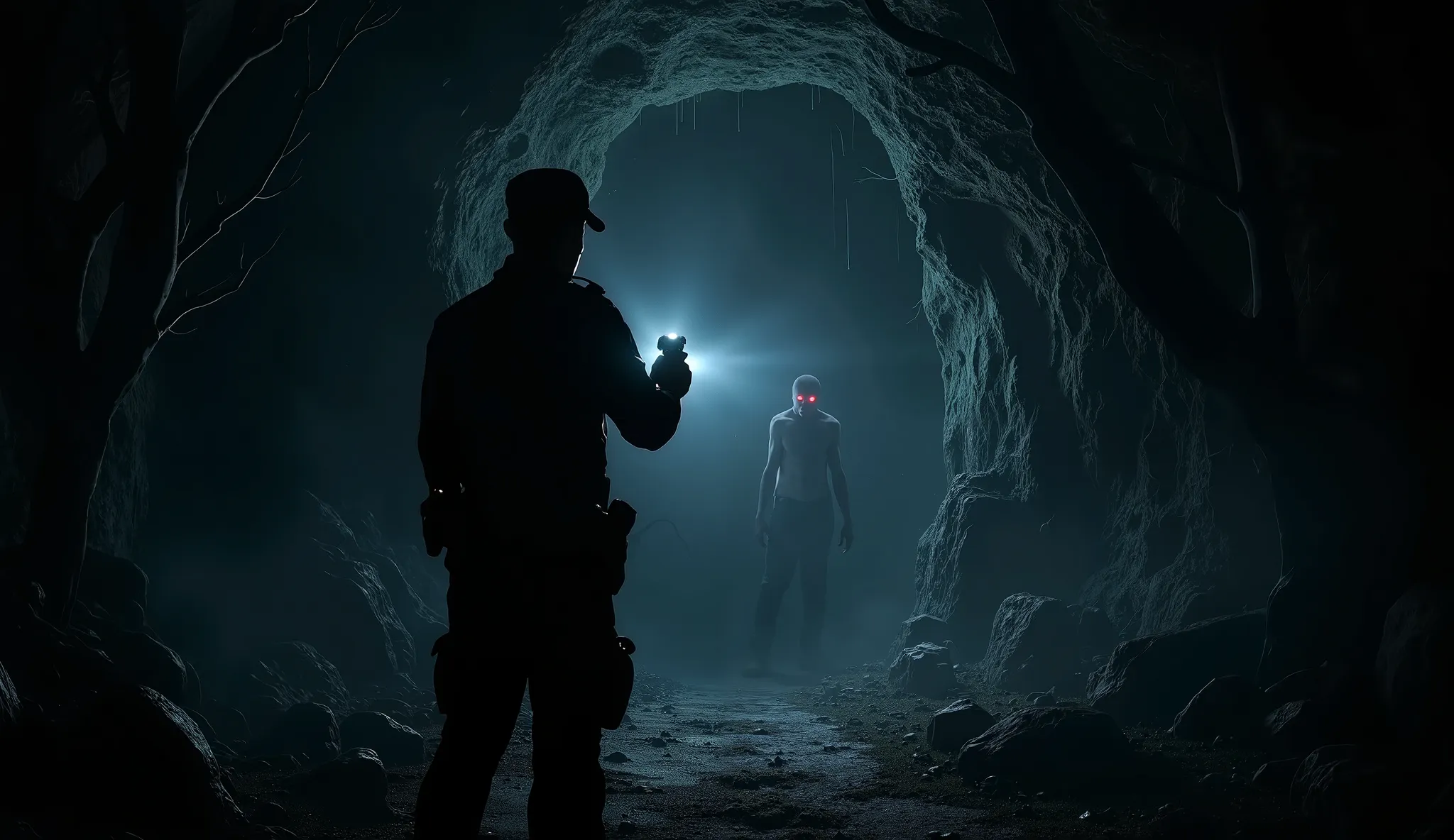 Create a dark and eerie scene featuring Officer Sergio Pucheta standing in a dense forest at night. He holds a flashlight, its beam cutting through the darkness, illuminating the entrance of a mysterious cave. The cave is shadowy and ominous, with jagged r...