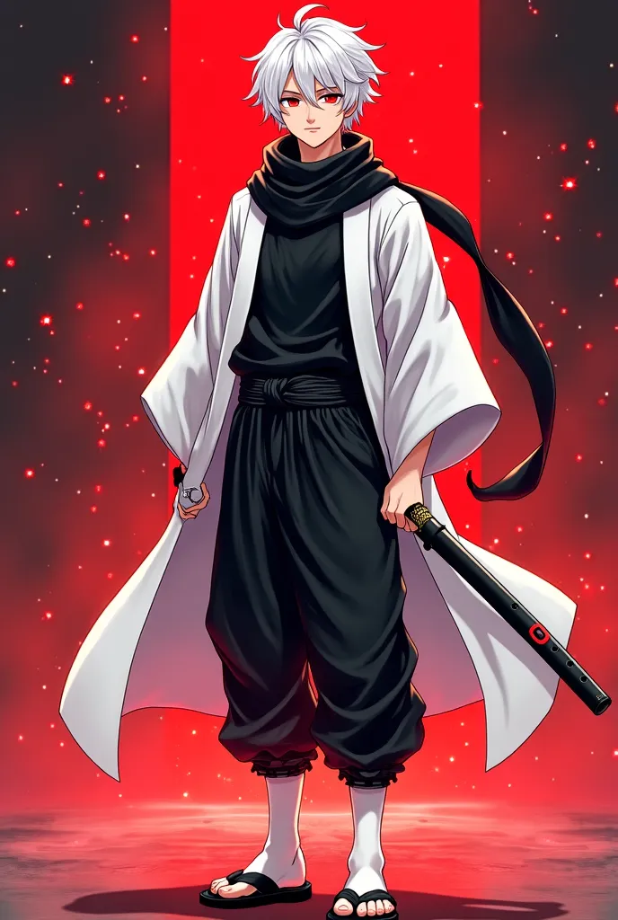 Make a anime man with a white hair, red eyes wearing a white japanese men's kimono, a black scarf tight-fitting black shirt, black sports tan baggy training pants with a black belt weaved through the waist with white socks and japanese sandals. Add a black...