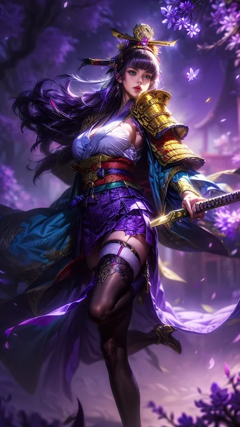 young woman,Oiran,warrior,(wielding a huge_weapon:1.6), very detailedな, realist,(selfie shot:1.6),(combat posture:1.8), Brilliant Appearance ,extremely detailed, Imaginative,sensual ,top quality,  skin texture,(blunt bangs hair:1.6),(smoky purple hair:1.3)...