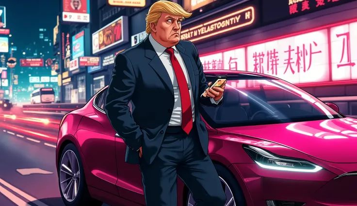 Realistic, retro 90s anime illustration in 16:9 featuring Donald Trump in a humorous, action-packed cameo for a Tesla ad. The scene shows him leaning against a Tesla, with one hand in his pocket and the other holding a smartphone displaying a live tweet ab...