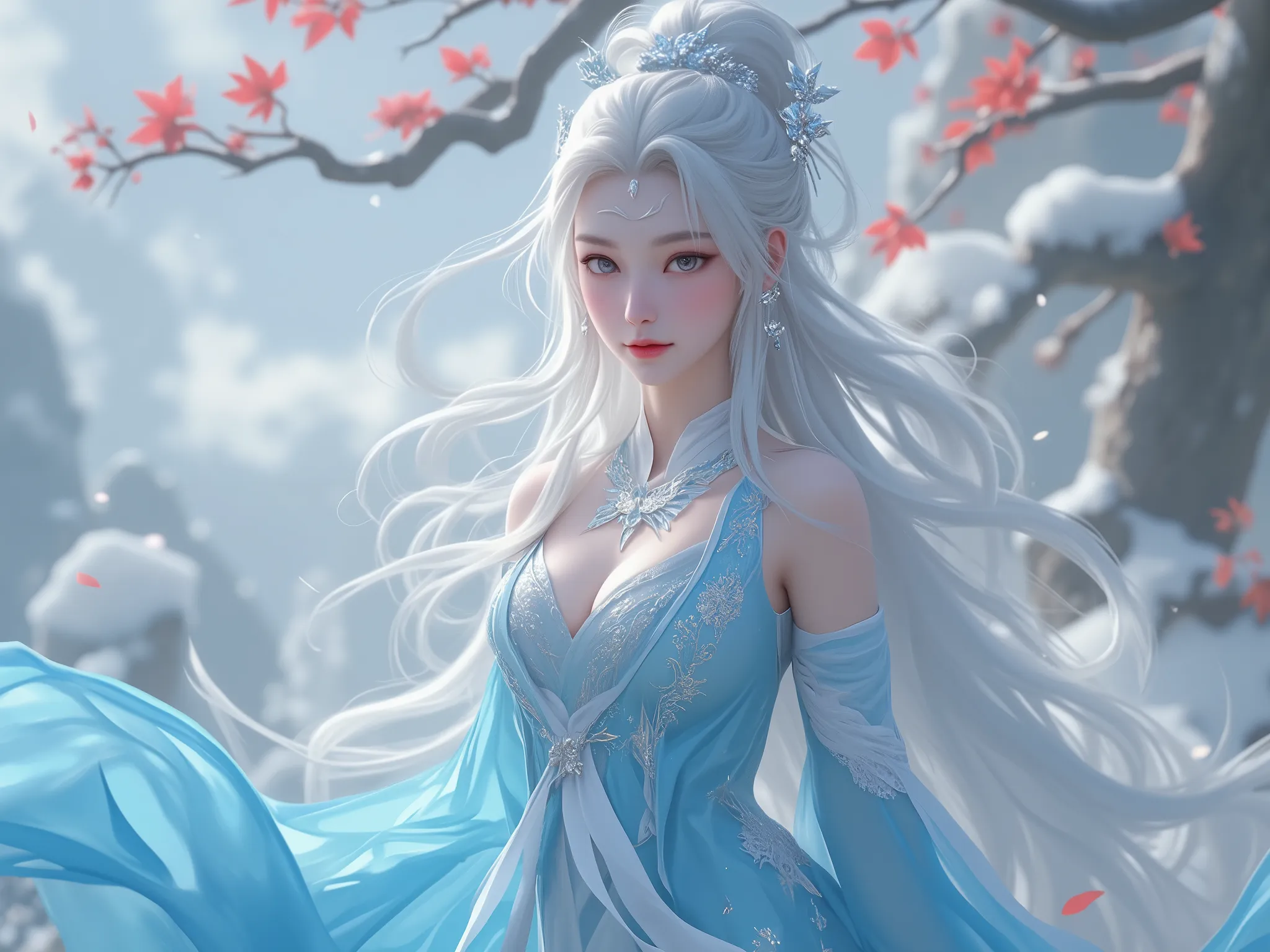 Chinese Fairy Tales character, upper-body, gentle smile, mature woman, extremely busty, curvy, massive chest, cool beauty, living expressions, cold gaze, platinum hair, shiny silky, long hair, earrings, Petals hair ornament, forehead ornament, captivating ...