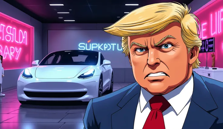 Realistic, retro 90s anime illustration in 16:9 capturing a close-up of Donald Trump as he endorses Tesla inside a high-tech showroom. His intense, confident eyes and iconic smirk are highlighted, along with his unmistakable blond hair, white suit, and red...