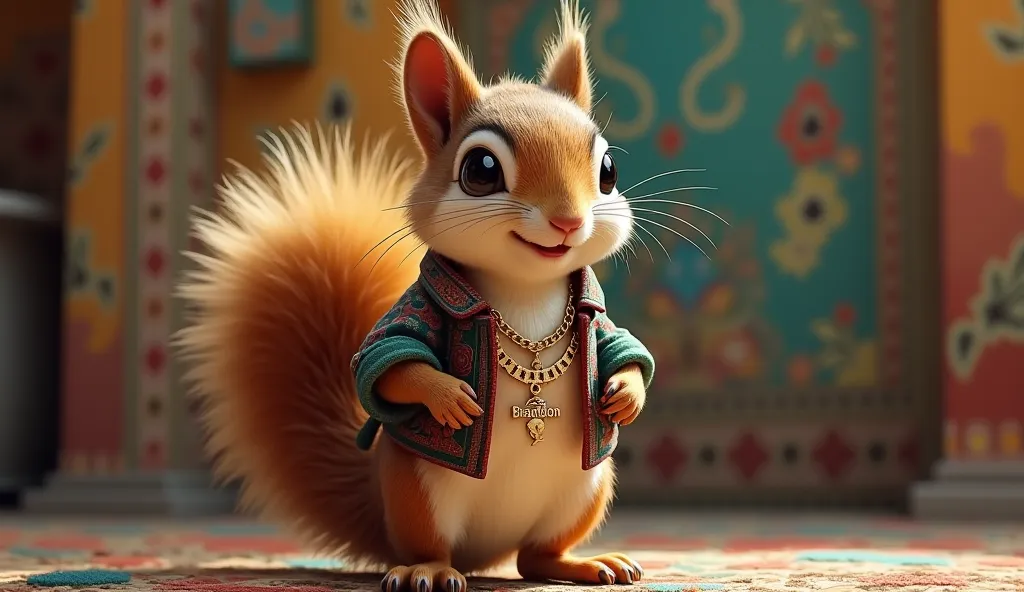 A squirrel dressed in clothes from Peru, with a gold necklace that has it written: brandon 