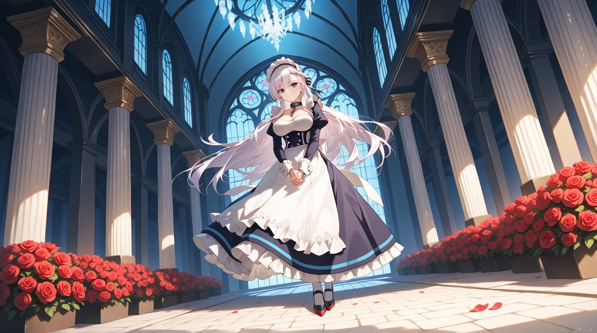 Belfast (Azur Lane), standing gracefully on the right side of the frame, wearing her signature maid uniform with a gentle and attentive expression. Her hands are neatly clasped in front of her, symbolizing professionalism and loyalty. Her beautiful blue ey...