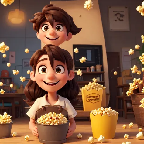 
Create an image A stylized animated character,  young and smiling, with dark and voluminous hair, expressing great enthusiasm. He is holding a colorful popcorn bucket and seems to be watching something exciting. His face has exaggerated and expressive fea...