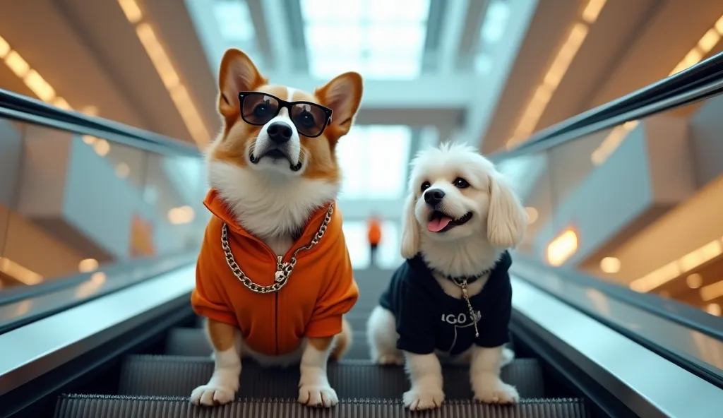 A highly detailed, ultra-HD realistic image of a stylish Corgi dog and a white dog on an escalator inside a shopping mall. The Corgi, wearing an orange shirt, sleek sunglasses, and a chain, stands confidently on the moving stairs, looking ahead. Beside it,...