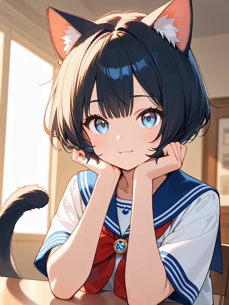 Latest， safe， cat girl、Cat ears、Cat&#39;s tail、Cat&#39;s Eyes、Light blue eyes.3， sailor suit、（top quality，4K,8k，high resolution、masterpiece：1.2）、Super Detail、intricate details、High Fashion、dramatic lighting、Warm colors、 chiaroscuro．shortcuts． wolfcut zital...