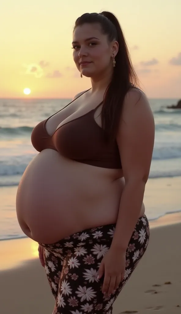 on the evening beach, high angle view, a massive ass pawg voluptous bbw 25-year old white european student with huge fat protruding bloated saggy belly standing, brunette slickback ponytail, hoop earings, wide body, ((massive saggy huge breasts)), huge thi...