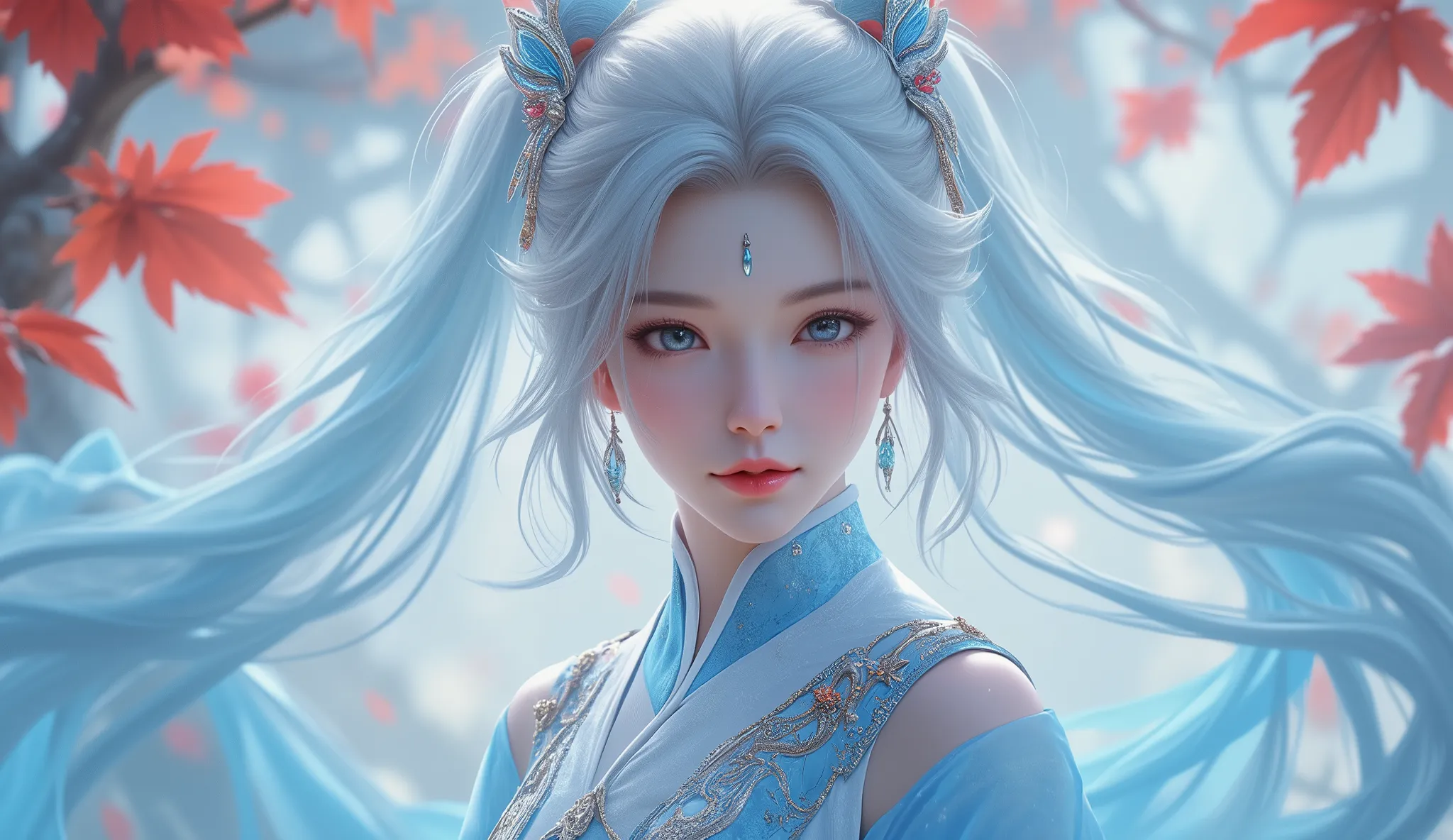 Chinese Fairy Tales character, upper-body, gentle smile, mature woman, extremely busty, curvy, massive chest, cool beauty, living expressions, cold gaze, platinum hair, light hair, shiny silky, long hair, earrings, Petals hair ornament, forehead ornament, ...