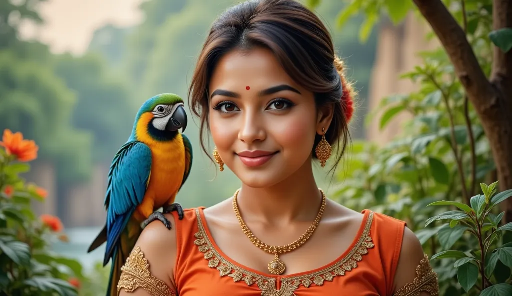 a painting of a woman with a parrot on her shoulder, inspired by T. K. Padmini, by T. K. Padmini, inspired by Raja Ravi Varma, from ramayan, by Raja Ravi Varma, goddess of love and peace, traditional beauty, indian goddess of wealth, indian goddess, szukal...