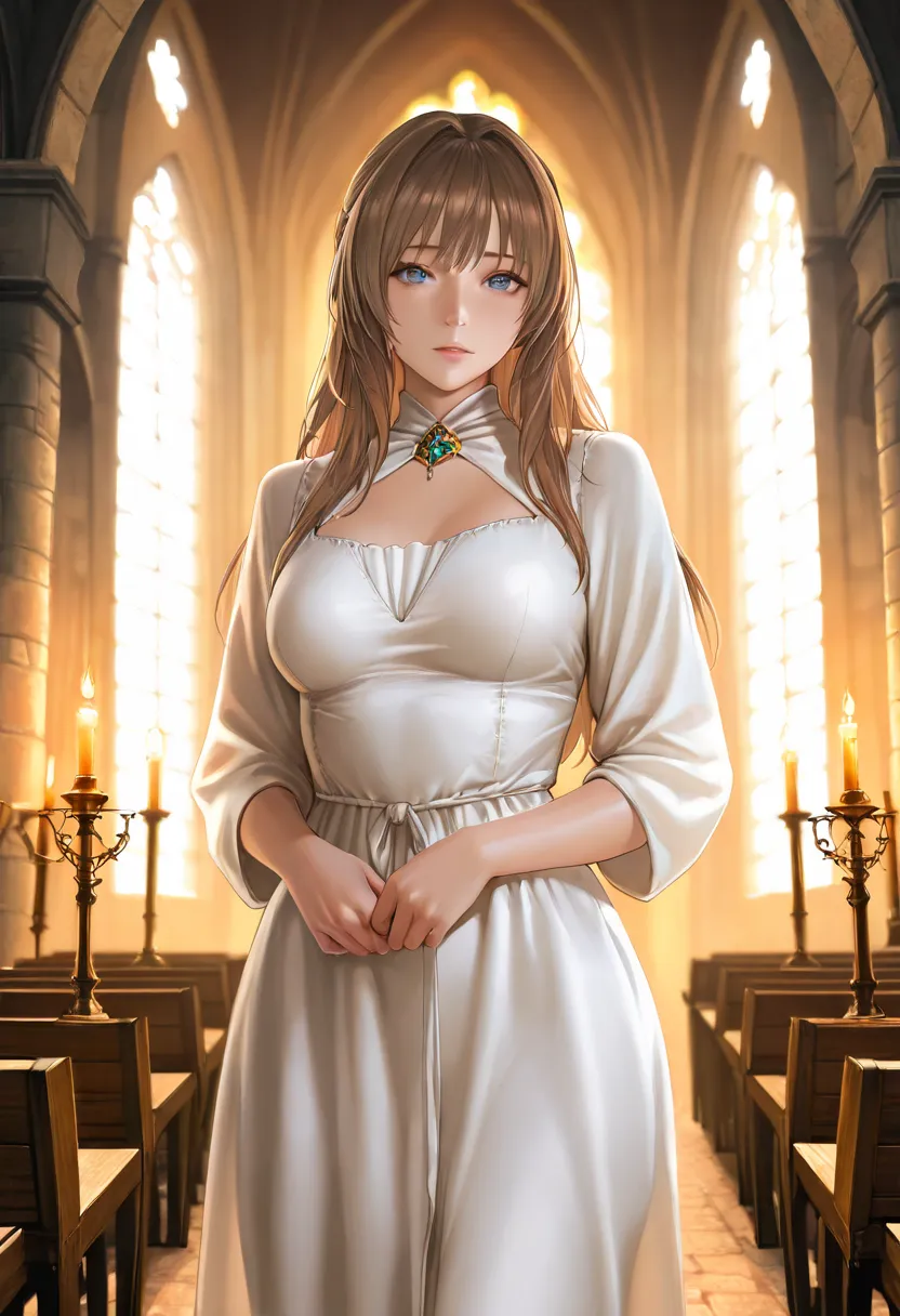 A large lit hall, a medieval cathedral, filled with flickering candlelights, a woman wearing a flowing white dress, stands, silhouetted against the warm glow of a fire, BREAK 1girl, c-kouenji, breasts, solo, blue eyes, medium breasts, long hair, brown hair...