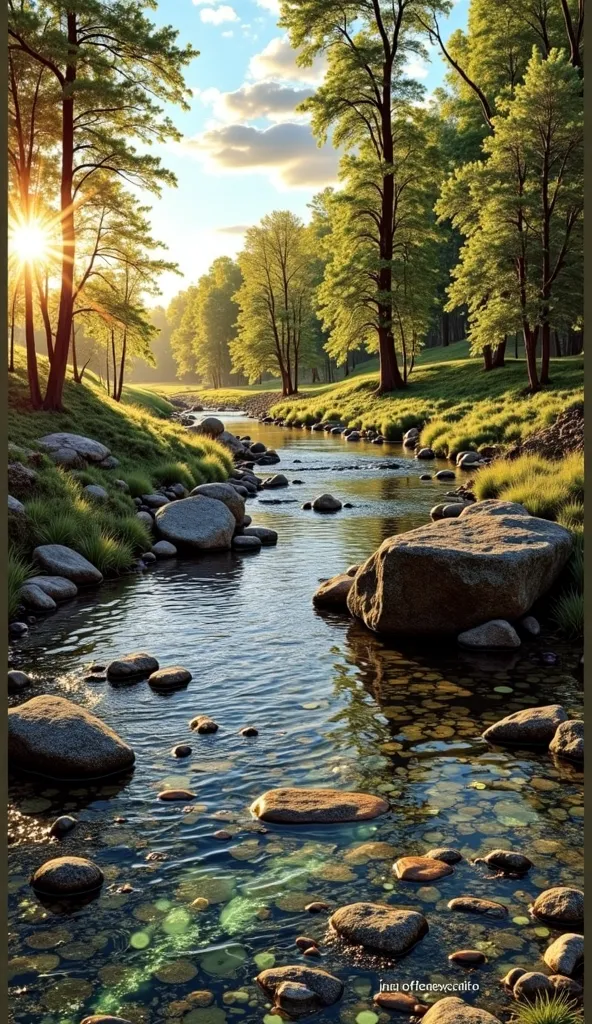 The sun begins to rise, casting a warm golden light over a serene forest stream, where the crystal-clear water flows gently past smooth, moss-covered stones. Lush green trees line the banks, their leaves glistening with dew. The calm surface of the water r...