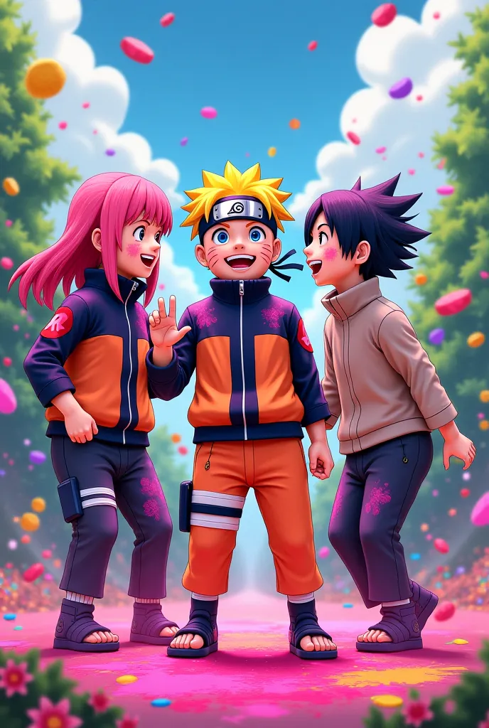 Naruto,Kakashi,saseky,Sakura Happy holi 