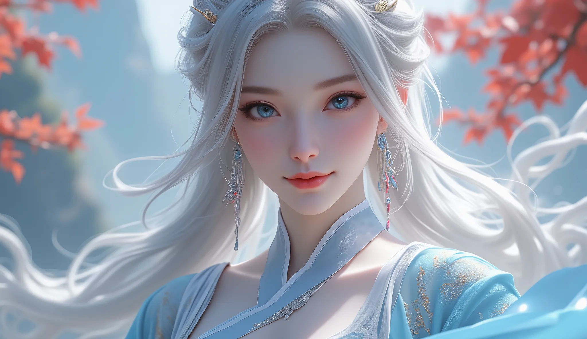 Chinese Fairy Tales character, upper-body, close-up, gentle smile, mature woman, extremely busty, curvy, massive chest, cool beauty, living expressions, cold gaze, platinum hair, light hair, shiny silky, long hair, earrings, Petals hair ornament, forehead ...