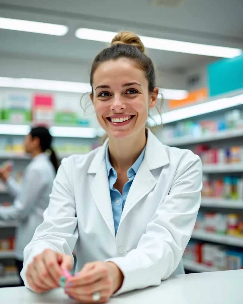 Realistic image of a smiling pretty saleswoman in a pharmacy on a counter. She places products in a bag.  She's wearing white coat. In the background, well-lit white shelves, with vibrant packaging that stands out under modern store lighting.  The store ha...