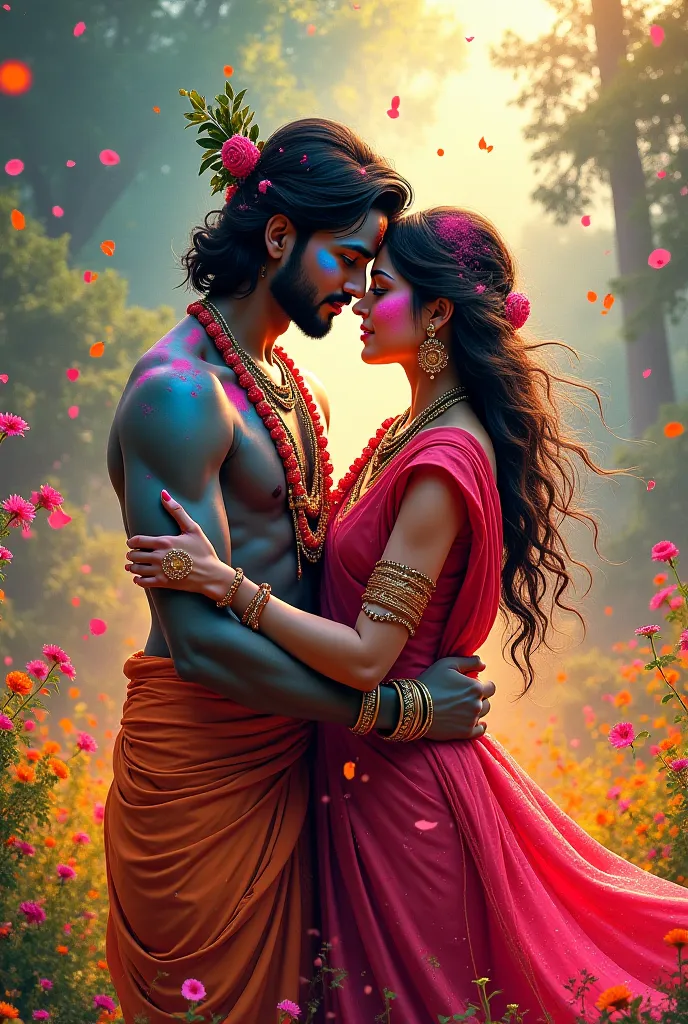 Holi picture with colour, Radha Krishna 