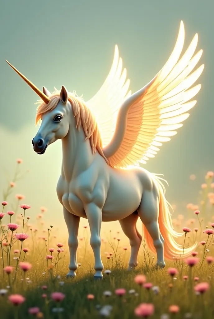 
"Art style of winged unicorn appears as a traditional magical creature, with a pure white, radiant body and translucent wings resembling old stained glass. Its long, slightly curved horn glimmers under the sunlight. It stands calmly in a meadow filled wit...