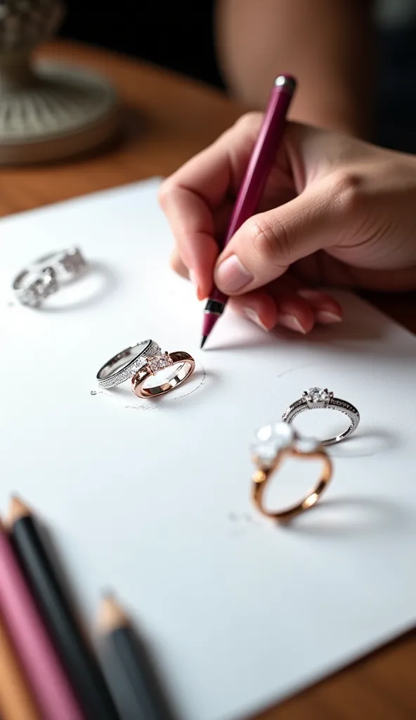 A close-up of a jewelry designer's hand sketching intricate ring designs on a crisp white sheet of paper. The workspace is illuminated by soft natural light, casting elegant shadows that highlight the delicate strokes of a pink-colored pencil. Luxurious co...