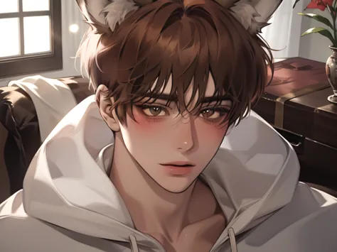 (male), ((solo)), white_skin ,muscular, tall, ((light brown hair)), (brown eyes), (blunt bangs), ((wolf ears)), ((wolf tail)), illustration, ((adult)), hoodie, good quality, (absurdres), (highres), (ultra detailed), (Masterpiece), (best quality:1.2), (blus...