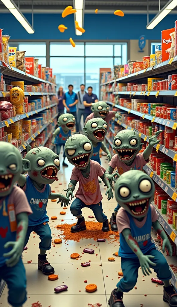 A chaotic scene of goofy, cartoonish zombies rampaging through a brightly lit Walmart aisle. The zombies have exaggerated round eyes, goofy wide mouths, and tattered, ketchup-stained clothes, just like before. They are wreaking havoc, knocking over shelves...