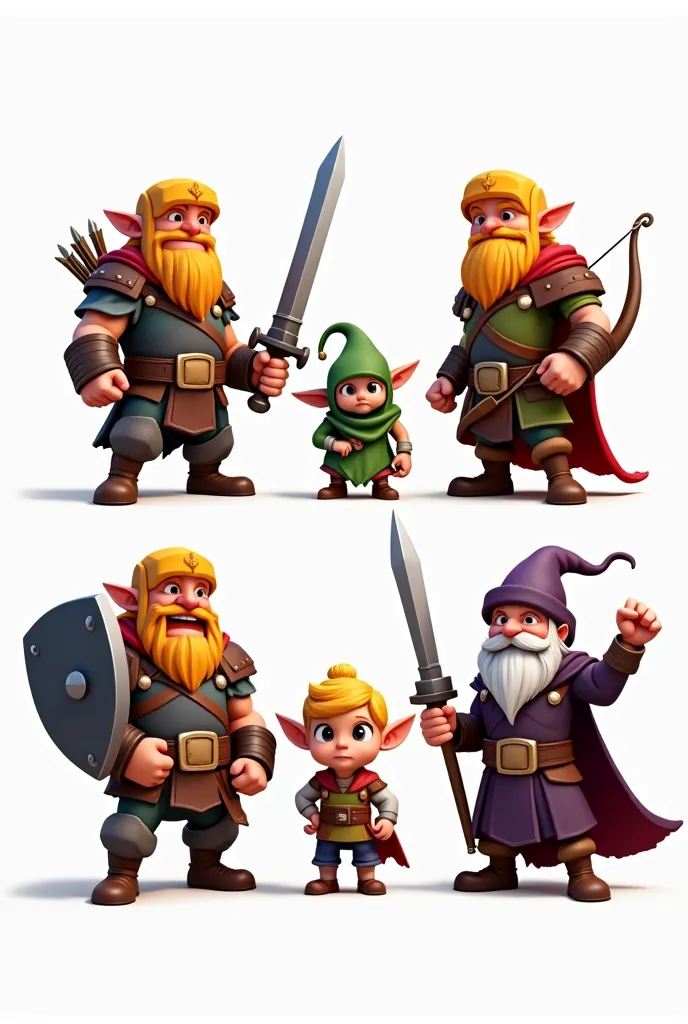 A group of fantasy warrior characters designed in the Clash of Clans art style. The characters include a brave swordsman, an elven archer, a sturdy dwarf warrior, a wise old wizard, and a small but determined adventurer. Each character is cartoonish with e...