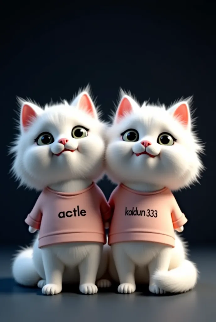 draw two white fluffy cats, on black background. They should be wearing t-shirts and the left cat's t-shirt has the words "Actle" and on the right cat's t-shirt "Koldun333"