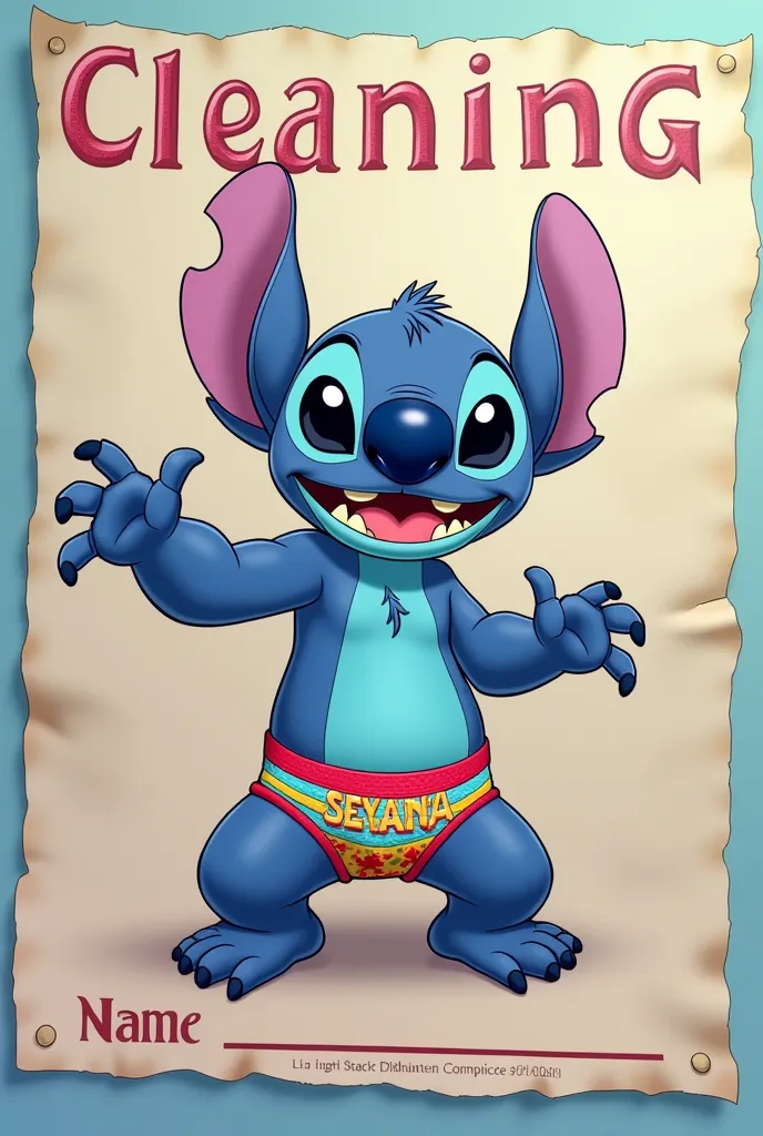 A cleaning certificate with Stitch wearing panties with the first name Seyana