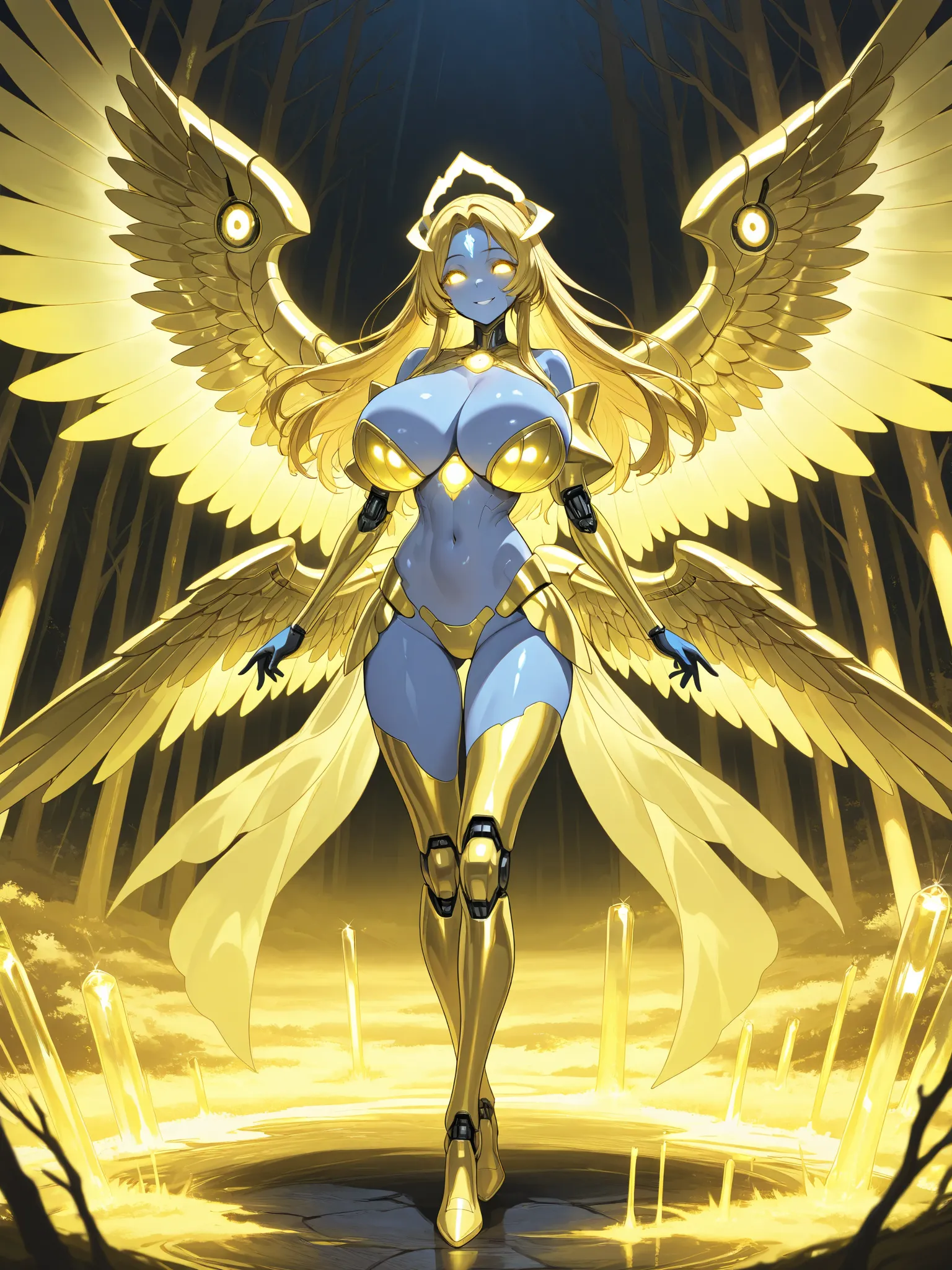 Pandora in a Cerulean Shell, Robotic Blue skinned woman, Bright Golden Hair, Large Breast, Skinny Build, iridescent yellow glowing glass eyes, Golden Robotic Angel Wings attached to back, Standing in an Golden Forest, Smile on Face