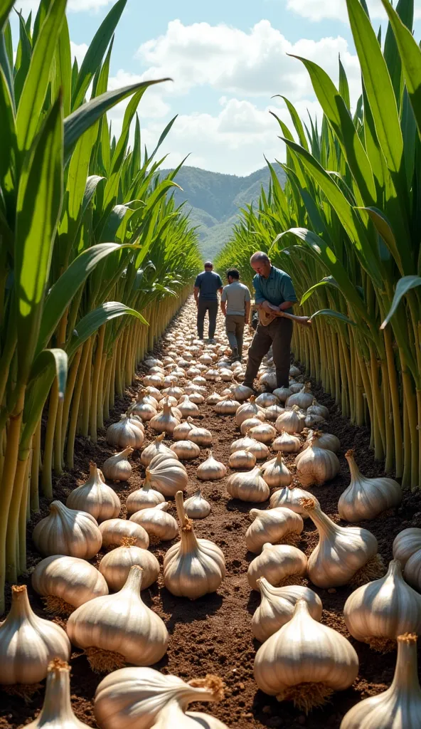 A vast garlic garden, where large garlic bulbs are hidden under the ground between rows of green trees. Several workers are working together—they are removing the soil with strong hands and picking up huge garlic bulbs. Each bulb is quite large, thick, and...