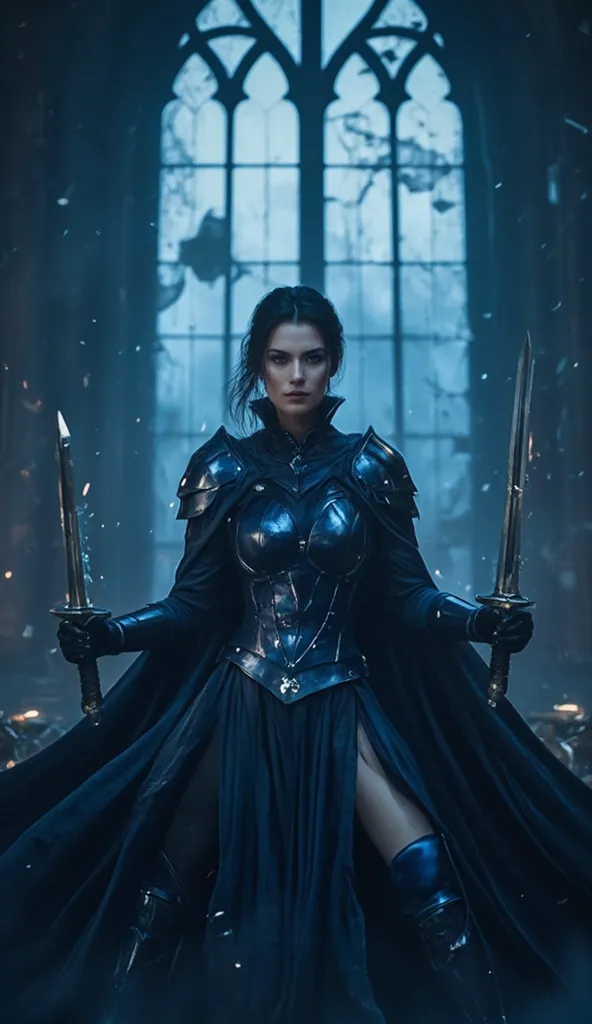 Setting: A royal throne room, bathed in eerie blue moonlight, with shattered stained-glass windows behind her.
Look: Dark navy and silver armor, a regal cape flowing behind her, twin floating swords balancing perfectly in midair.
Expression: Charismatic, w...