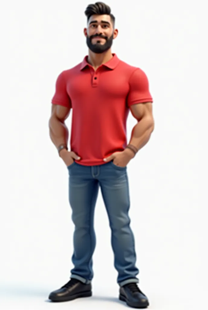 Create full body animated 3D image of a handsome man, standing, tall, brown eyes, black hair, with beard and glasses, blue jeans, red polo shirt in color #EB0045, black sneakers, white background