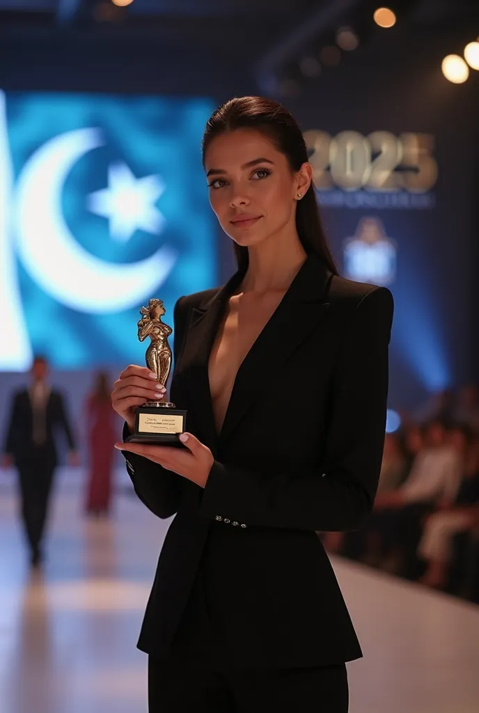 a beautiful young elegant tallest girl in black office suite with black pent in modelling show to give her award in big modern hall in peshawar and back side put Pakistan flag and write 2025 on screen backside 