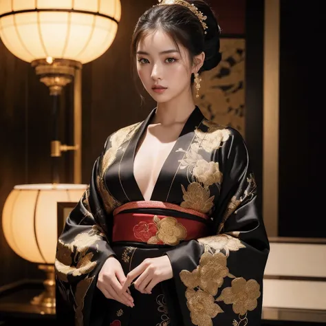 1girl, ultra-realistic, high-end fashion, Japanese beauty, elegant kimono, modern aesthetics, luxury photography, black and gold color scheme, cinematic lighting, vogue style, studio photography, mysterious atmosphere, detailed eyes, soft skin, intricate p...