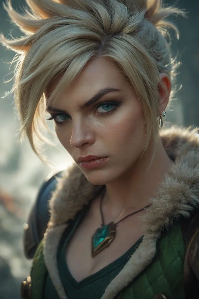 generate for me league of legends champion Riven , has an angry face and looks very prestige , be precised in her eyes 