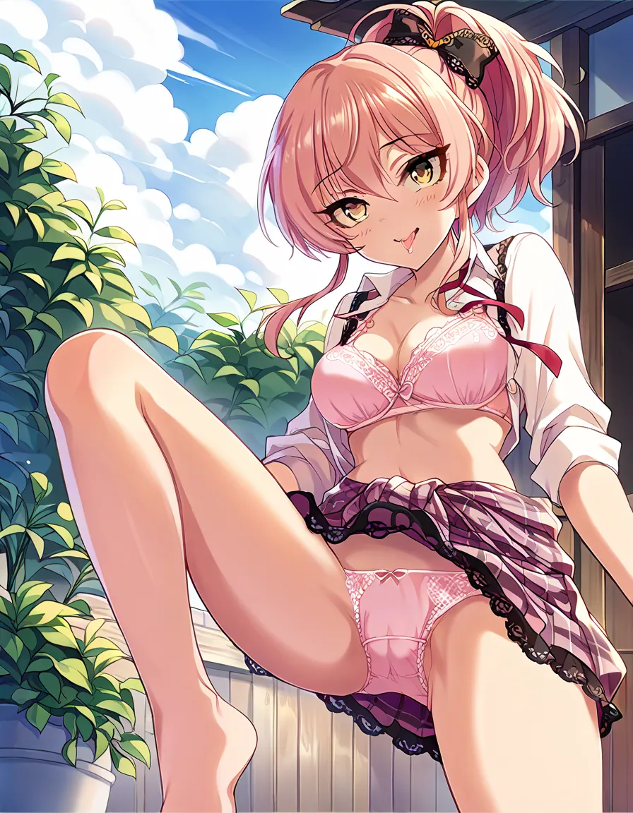 score_9,score_8_up,score_7_up,1 girl,Alone,staring at the viewer,( green:0.6),Over-eye,outdoor,cgjm,Ahegao Smile，
pink hair near MM,Between the eyebrows,ponytail,yellow eyes,((crotch wide，))sensitive， on the body Be careful， lift your leg，(((bra lace panti...