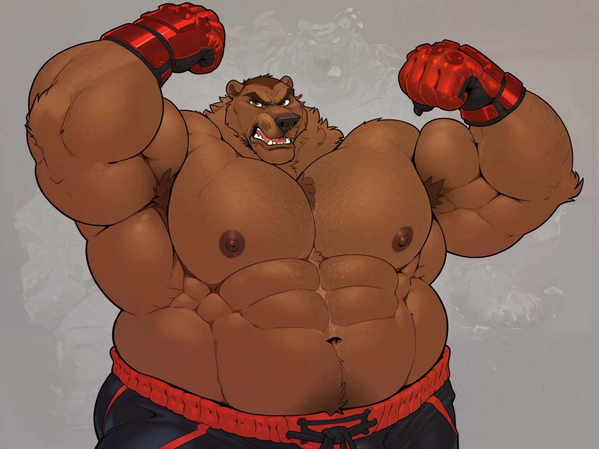 Solo, 1boy, Muscular Old, angry, focus, look at viewer, wide shoulder, pectoral, thick arms, huge pectoral, wide pectoral, height: 220cm, weight: 440lbs, a Kodiak brown bear in an MMA shorts with red slits wearing an MMA gloves with red knuckle pads and an...