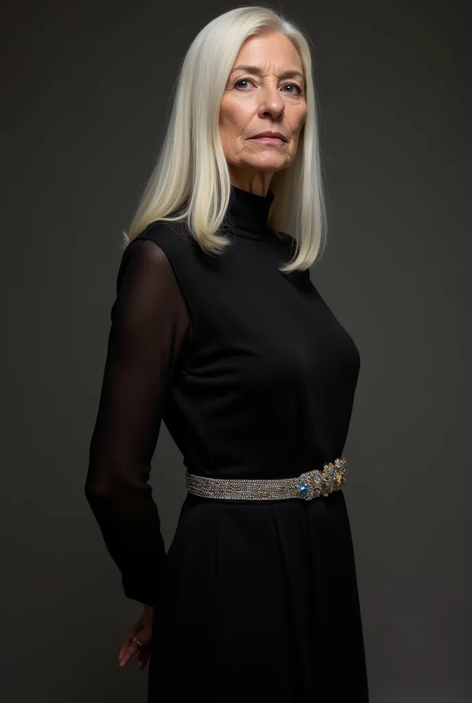  tall, weak, 50 year old woman, her hair is straight long and white, On top of a black elegant dress The dress has a belt from a chain on the waist while on the belt there are precious little stones of every color ,The dress is like a fantastic stage