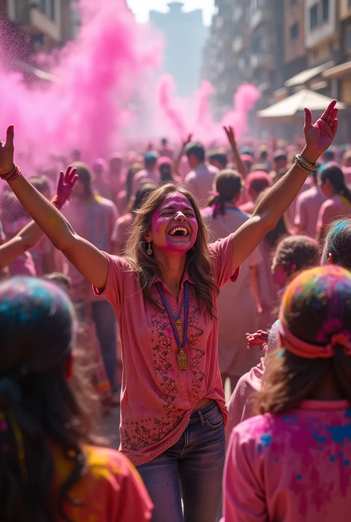 photorealistic top view of a vibrant holi cellibration. all are enjoying using colours