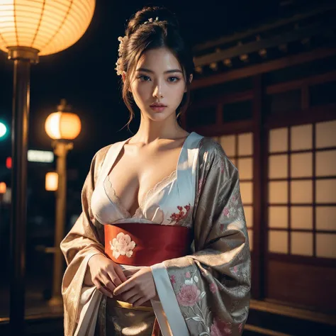 1girl, ultra-realistic, high-end fashion, Japanese beauty, elegant kimono, modern aesthetics, luxury photography, , cinematic lighting, vogue style, studio photography, mysterious atmosphere, detailed eyes, soft skin, intricate patterns, delicate embroider...