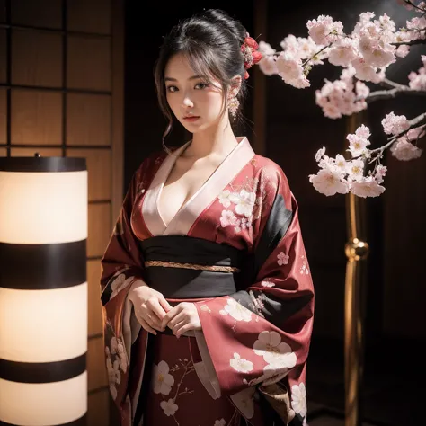 1girl, ultra-realistic, high-end fashion, Japanese beauty, elegant kimono, modern aesthetics, luxury photography, , cinematic lighting, vogue style, studio photography, mysterious atmosphere, detailed eyes, soft skin, intricate patterns, delicate embroider...