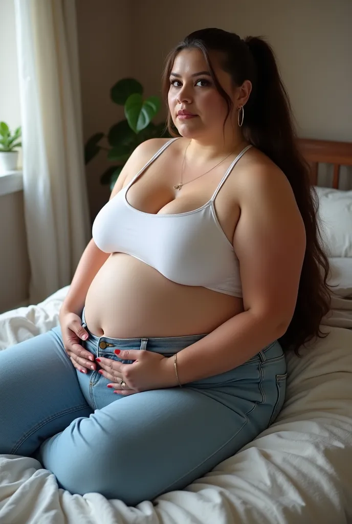 In room, high angle view, a massive ass pawg voluptous bbw 20-year old white european student with huge fat protruding bloated saggy belly sitting on bed, side view brunette slickback ponytail, slight face wrinkles, hoop earings, wide body, ((large sized h...