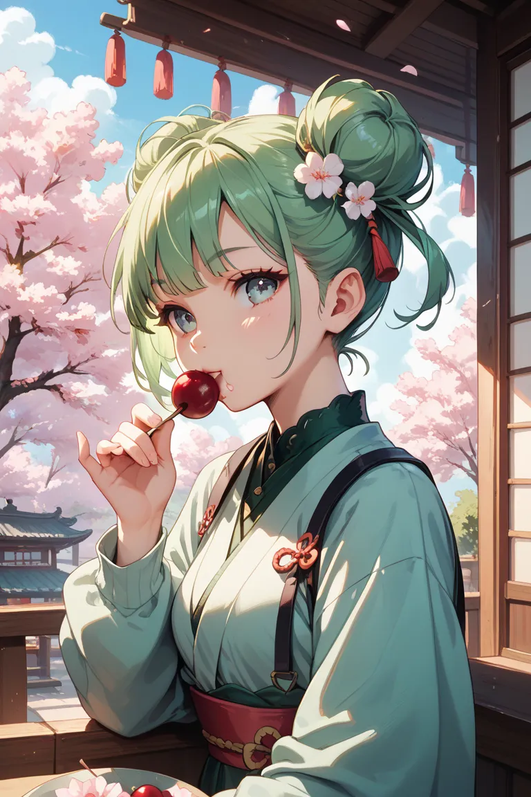 Green-haired girl eating buns under cherry blossoms