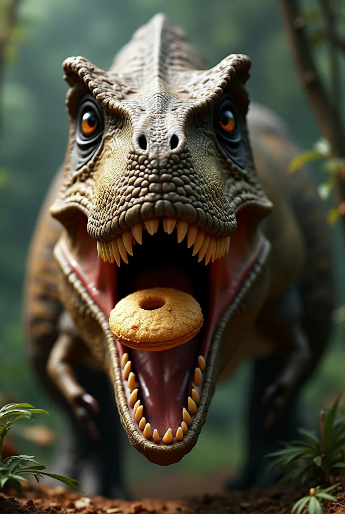 a trex eating a biscuit 