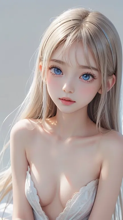 (( full nude)), ((whole body)), ((Baby Face)), Beautiful white glowing skin,  extraordinary beauty,  bright ,  fresh and gentle look, Perfect beautiful pretty face,  shiny platinum blonde silky super long straight hair,  beautiful shiny bangs , (( small br...